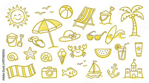 Golden Summer Beach Icons Collection Sunny Vacation Elements and Symbols for Travel and Recreation