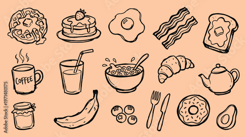 Hand drawn breakfast icons collection featuring waffles pancakes eggs bacon toast coffee juice cereal croissant teapot jam banana donut avocado and berries
