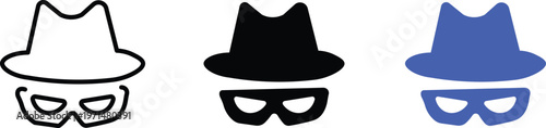 Incognito hacker icons in fedora hat and mask, anonymous spy character vector set, cyber security and privacy protection symbols