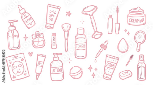 Pink Skincare Routine Elements Collection Hand Drawn Style Beauty Products Flat Lay Top View