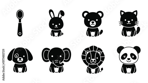 A collection of adorable black silhouette icons depicts baby animals including a spoon rabbit bear and panda high quality professional detailed