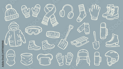 Winter clothing and accessories collection for cold weather outdoor activities and sports