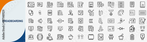 Breadboarding and electronics prototyping circuit components outline icons set