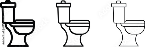 Minimalist toilet icon set in three line weights, modern bathroom plumbing vector illustrations, ceramic commode symbols for interior design apps