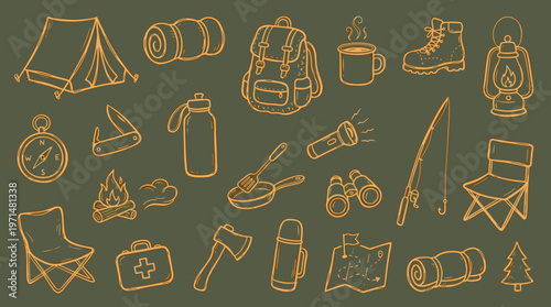 Camping Gear Collection Outdoor Adventure Essentials Icons Set
