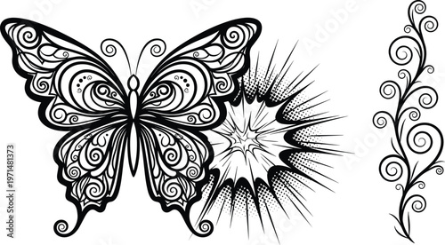Decorative Butterfly, Floral Swirl and Comic Explosion Vector Illustration Set with Ornamental Elements and Tattoo Style Design Collection