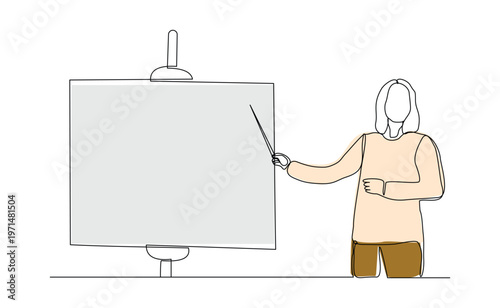 Continuous single line sketch drawing of standing business woman doing presentation pointing on board screen projector with stick explain something. One line art vector illustration editable stroke	