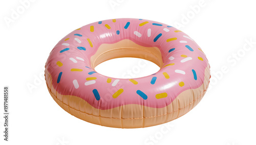 Pink inflatable donut pool float with colorful sprinkles, isolated on transparent background