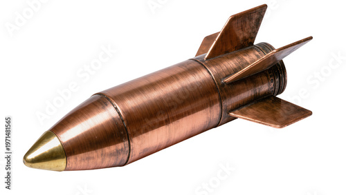 Antique copper rocket with brass nose cone, isolated on transparent background