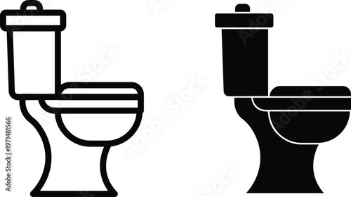 Minimalist toilet bowl vector icons, black line and silhouette bathroom commode symbols, ceramic sanitary ware set for interior design and plumbing