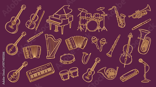 Diverse Musical Instruments Collection Hand Drawn Sketch Style on Purple Background