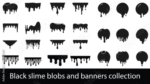 Black ink drips and paint splatter set, abstract blobs, stains and oil blot shapes isolated vector illustration