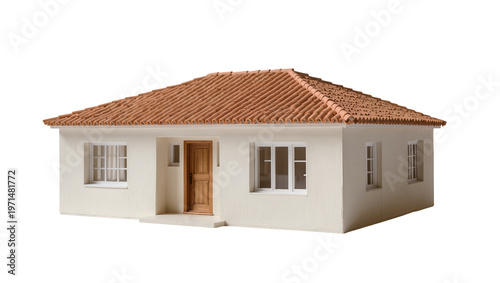Small white house with terracotta roof tiles and wooden door, isolated on transparent background