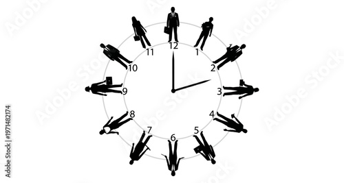 Business People Silhouettes Arranged Like Clock Hands on White Background