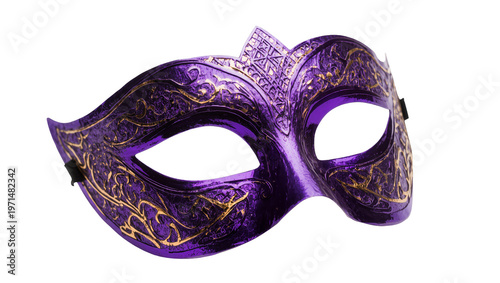 Cuadro en lienzo Ornate purple Venetian masquerade mask with gold filigree, isolated on transpare