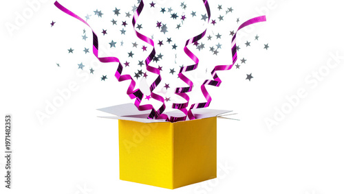 Photos Yellow gift box exploding with purple streamers and silver stars, isolated on tr