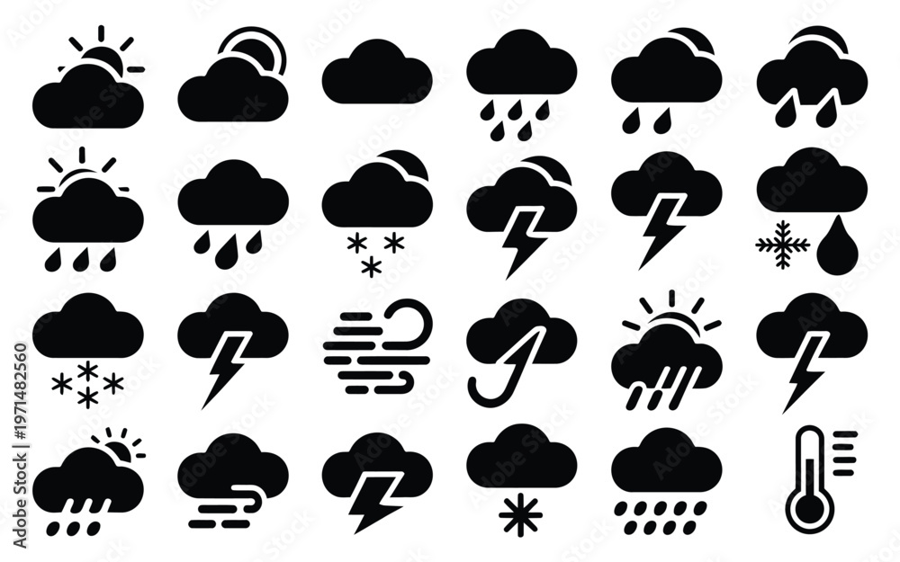 Obraz premium Weather icons set featuring clouds rain snow lightning and sunshine in bold black and white design