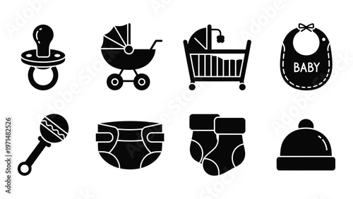 A collection of black silhouette icons depicting essential baby items like bottles strollers and clothing high quality professional detailed modern elegant