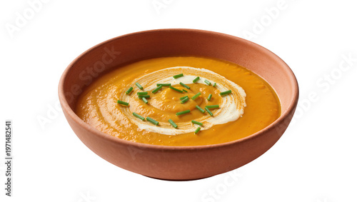 Tableau sur toile Orange pumpkin soup with cream swirl and chives, isolated on transparent backgro