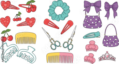Cute Hair Accessories Vector Illustration Set with Hair Clips, Scrunchie, Comb, Claw Clip, Necklace and Fashion Accessories Collection