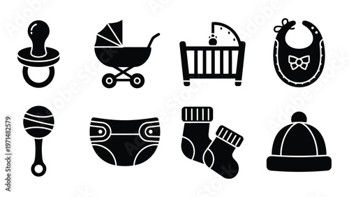 A collection of black silhouette icons depicts essential baby items including a pacifier stroller crib and clothing high quality professional detailed