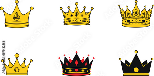 Royal Crown Icon Set Featuring Gold and Black King Crowns with Decorative Jewels for Luxury, Heraldry, Monarch, and Prestige Design Elements