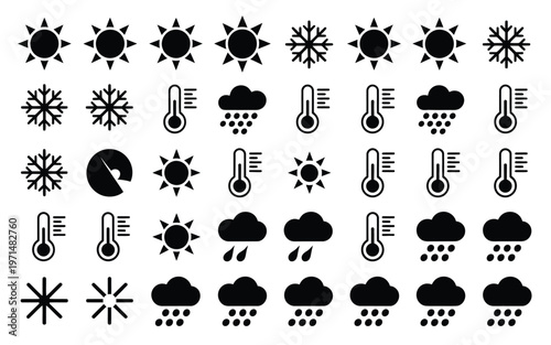 Collection of weather icons including sun clouds rain snow thunderstorms and thermometers in a minimalist black and white style