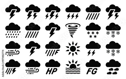 Collection of black and white weather icons isolated on a neutral background including symbols for clouds rain thunderstorms fog tornadoes snow and more