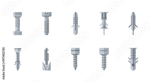 Variety of metal screws and wall anchors isolated on a white background