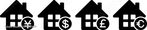世界の住宅価格と通貨を表す家と通貨マークのアイコンセット（House with Currency Symbols Icon Set）
