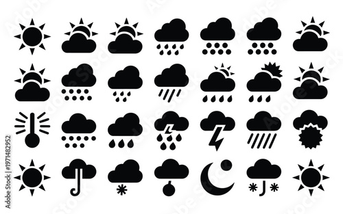 Set of black and white weather icons including sun clouds rain snow thunderstorms and wind symbols in minimalist style