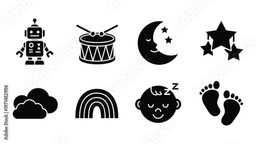 A collection of black silhouette icons depicting baby themed objects like robots drums a moon and footprints high quality professional detailed