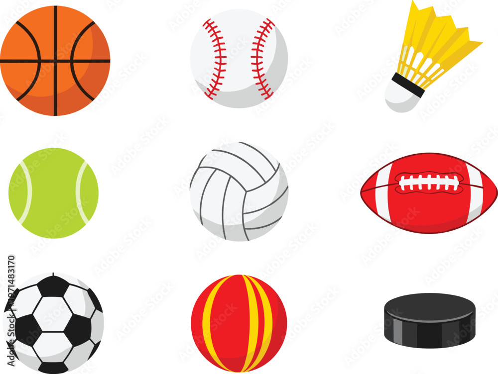 Fototapeta premium Sports Equipment Icon Set with Balls and Shuttlecock Including Basketball Soccer Baseball Tennis Volleyball Hockey and American Football Collection
