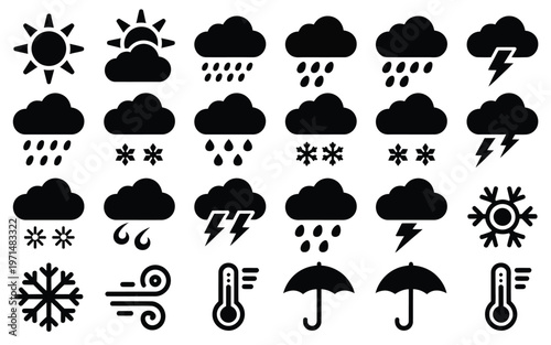 Weather icons displaying sunshine clouds rain snow thunderstorms and temperature symbols in black and white