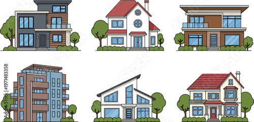 Modern House Illustration Set with Residential Buildings Collection Including Villas Apartments and Family Homes Architecture Designs Isolated on White
