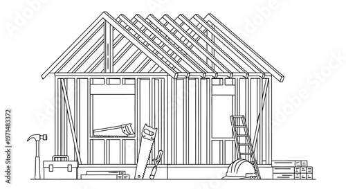 Line drawing of a house under construction showing wooden framing and tools