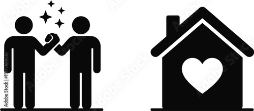 Couple holding hands and a house with a heart symbolizing love and home ownership