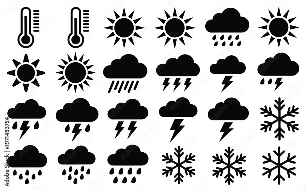 Obraz premium Black and white weather icons set featuring thermometers sun clouds rain snow and lightning bolts in minimalist vector style for design use