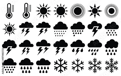 Weather symbols showcasing diverse conditions with sun clouds rain snow and thunderstorms in a minimalist black and white design