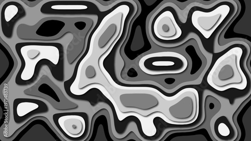 A topographic abstraction, executed in grayscale, creates the illusion of volumetric relief. The image represents a map of an unknown landscape or an organic structure.