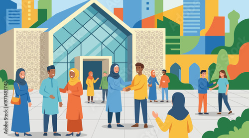 Diverse Muslim Community Celebrating Outside Modern Mosque Illustration