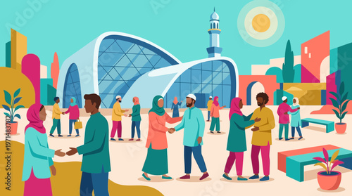 Diverse Muslim Community Gathering Outside Modern Mosque Illustration