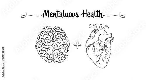 High Quality Black Continuous Line Mental Health – Brain and Heart Minimal Illustration