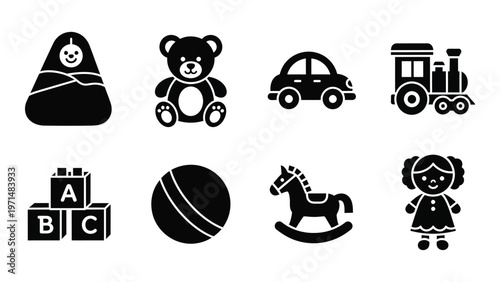A collection of simple black silhouette icons depicting classic baby and toddler toys including a train car and doll high quality