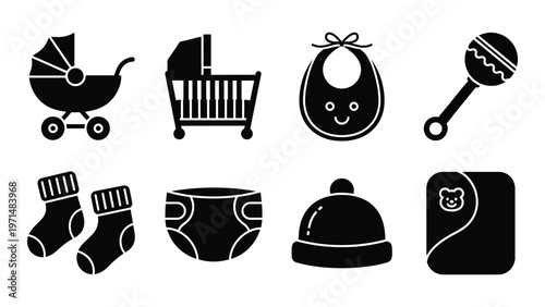 A collection of black and white baby icons depicting essential items such as strollers cribs and clothing high quality professional detailed