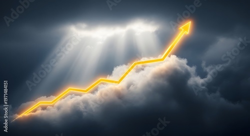 Golden growth arrow rising through clouds with bright sunbeams