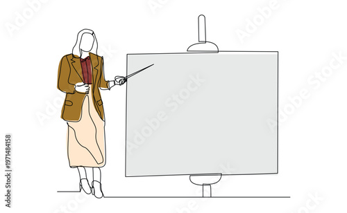 Continuous single line sketch drawing of standing business woman doing presentation pointing on board screen projector with stick explain something. One line art vector illustration editable stroke	