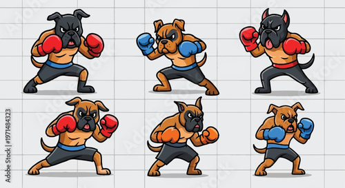Cartoon boxer dogs in various poses ready to compete isolated