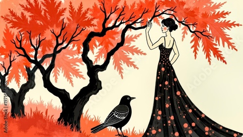 Woman in black dress among autumn trees