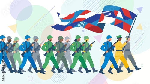 Diverse Military Soldiers Marching in Parade with Abstract Flag